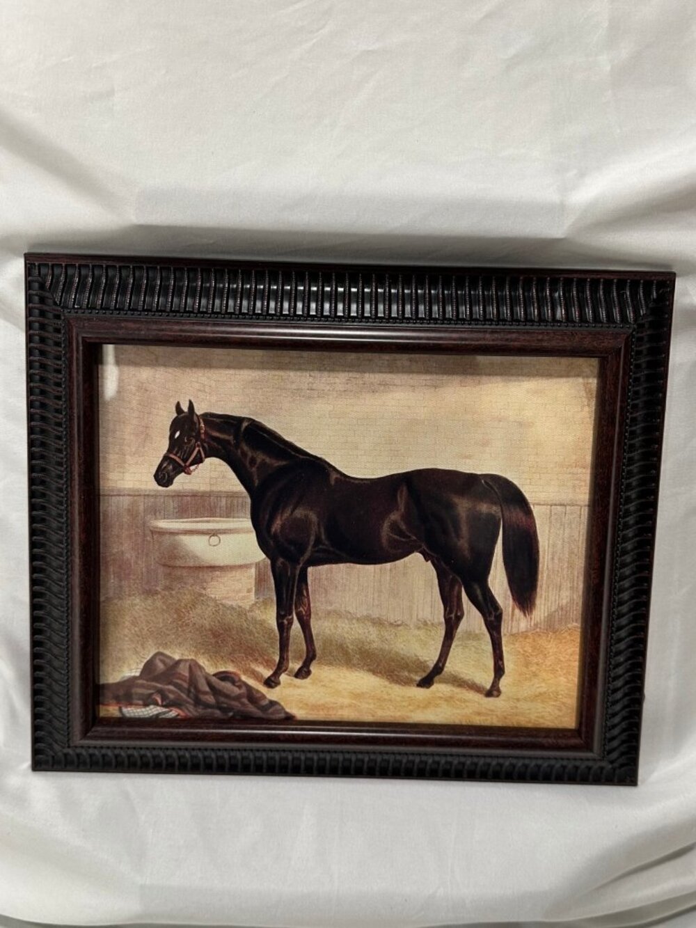 Vintage Black Horse in Stable Framed Canvas Print - Equestrian 12.5x10.5